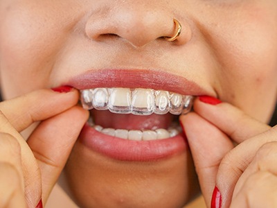 Closeup of woman removing Invisalign from upper arch