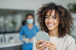 Smiling dental patient holding hand mirror 