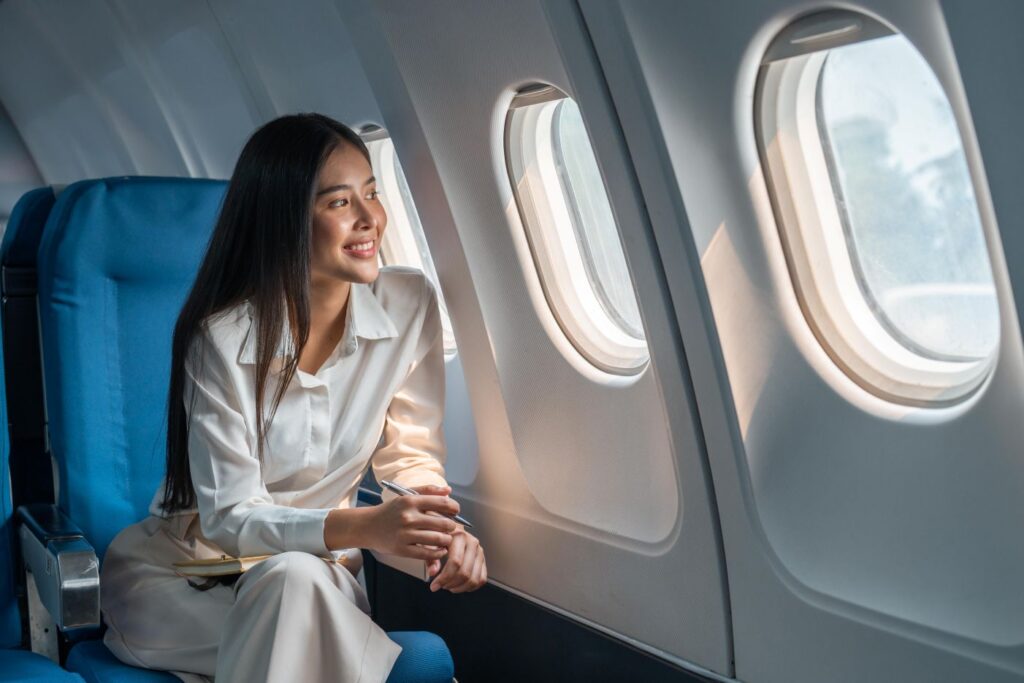 A woman on an airplane